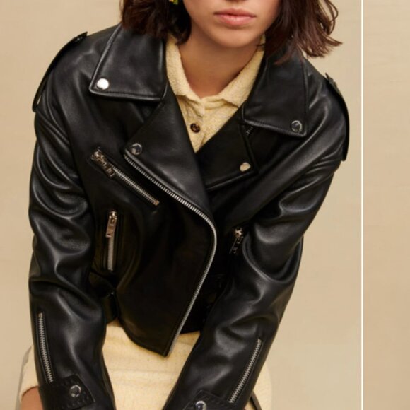 Maje Blum Cropped Leather Biker Jacket - Picture 1 of 7